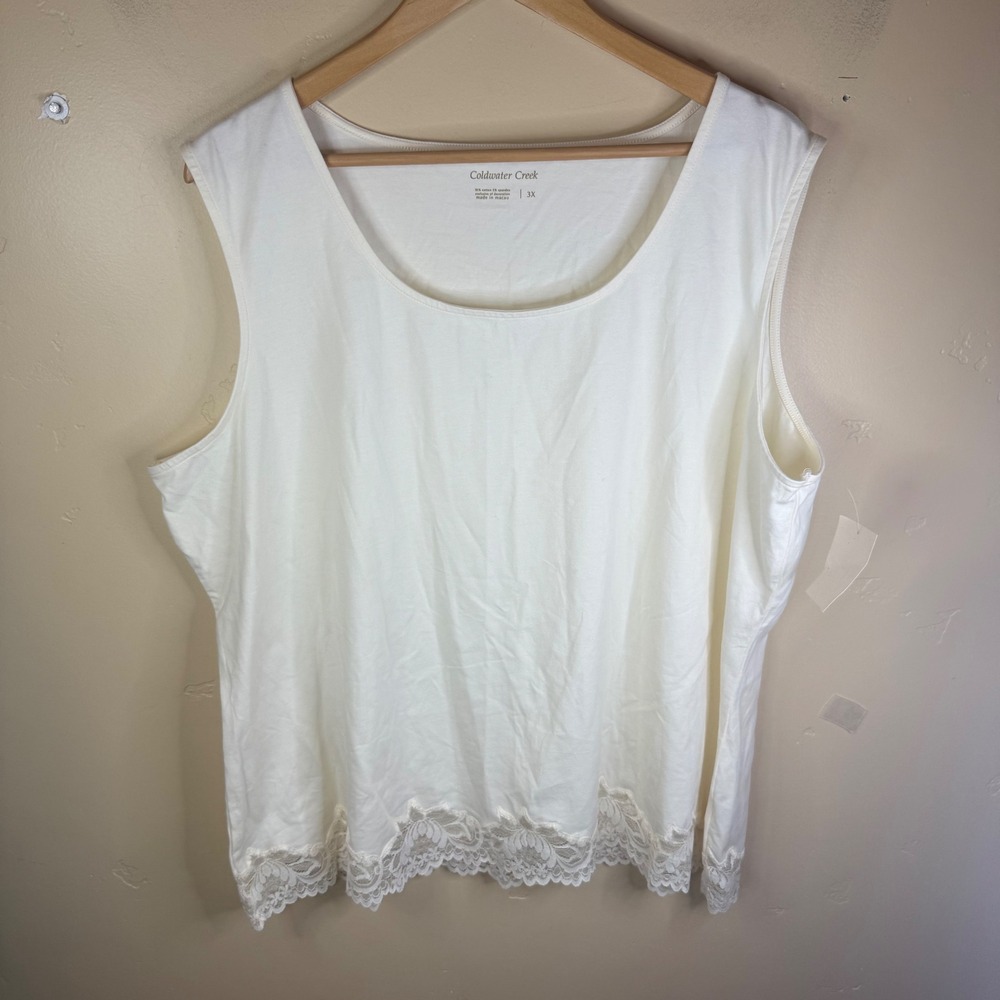 NWT Coldwater Creek 3X White Classic Cotton Blend Tank Top Double Lace Trim